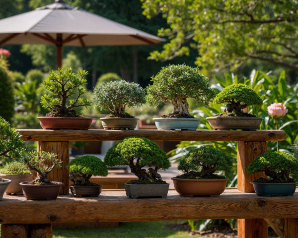 Outdoor Setting with Bonsai Trees and Lush Greenery