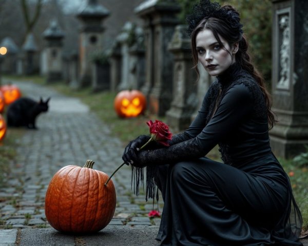 Gothic Figure in Graveyard with Pumpkins and Cat