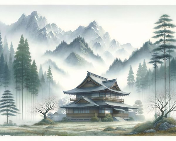 Serene Watercolor Landscape with Japanese Pagoda House