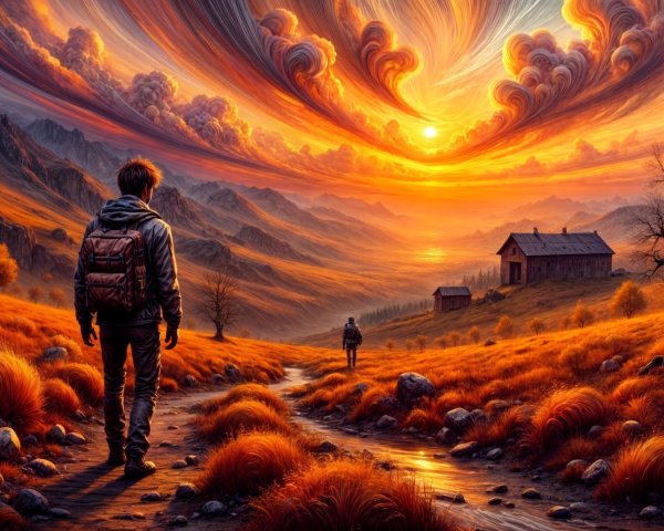 Young Traveler on Winding Path at Sunset Scene