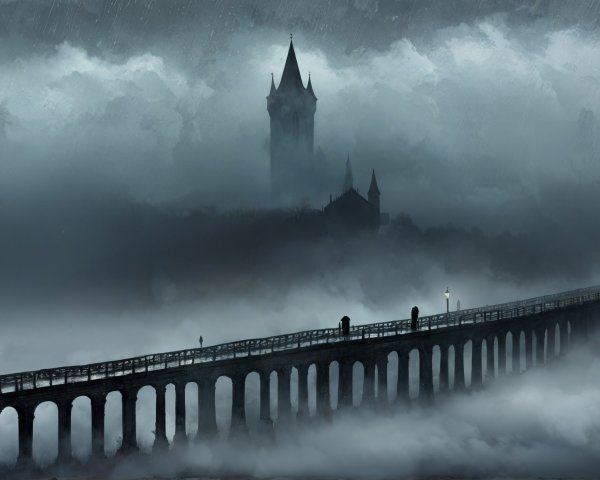 Misty Landscape with Gothic Tower and Stone Bridge