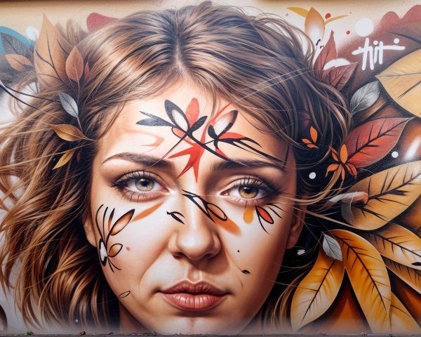 Vibrant Mural of Woman with Autumn Leaves and Flowers