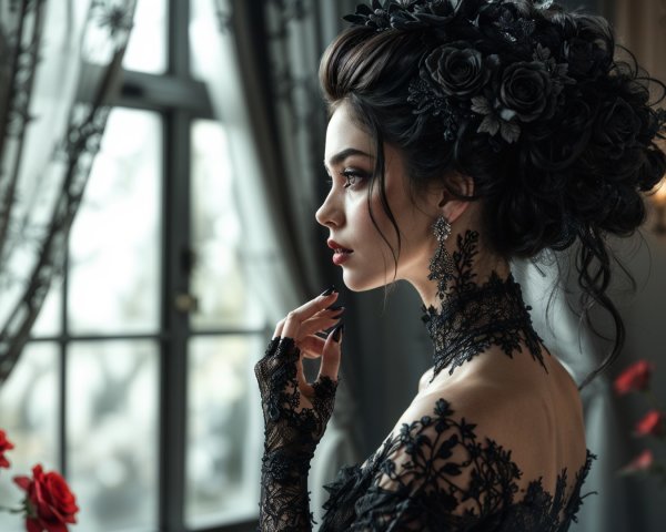 Elegant Woman in Black Lace Gown by Window