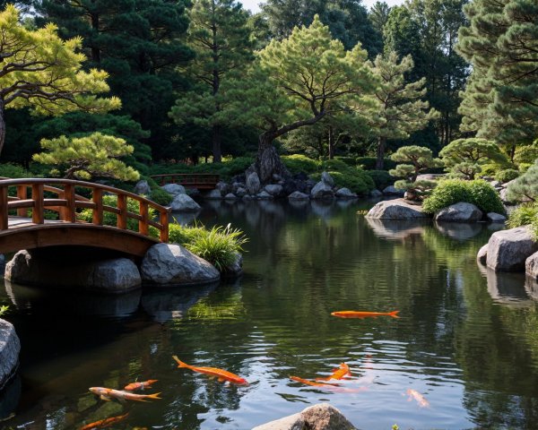 Serene garden with pond, koi fish, and lush greenery