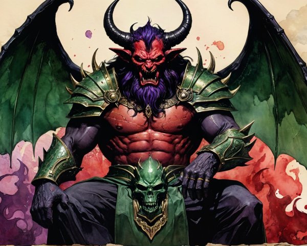 Muscular demon on throne in ornate green armor
