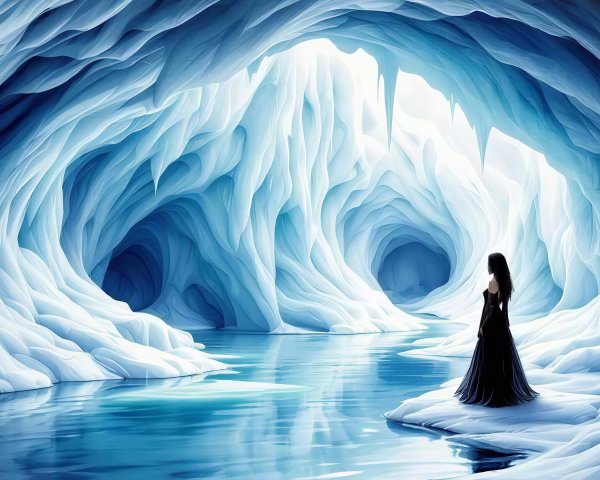 Lone Woman in Black Gown Inside Grand Ice Cave