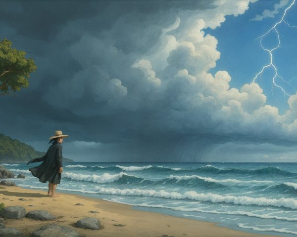 Figure on Beach Under Stormy Sky with Lightning