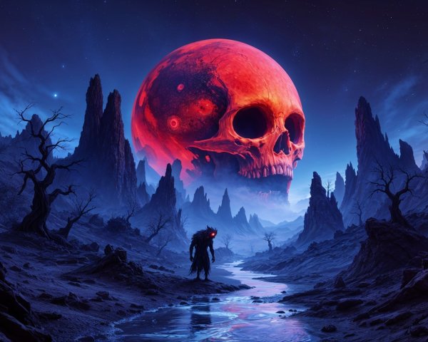 Haunting Landscape with Red Skull and Night Sky