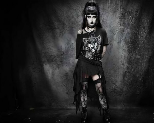 Gothic Woman in Black Attire with Wolf Graphic