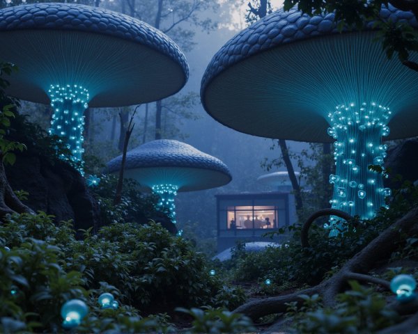 Bioluminescent Mushrooms in a Mystical Forest Scene