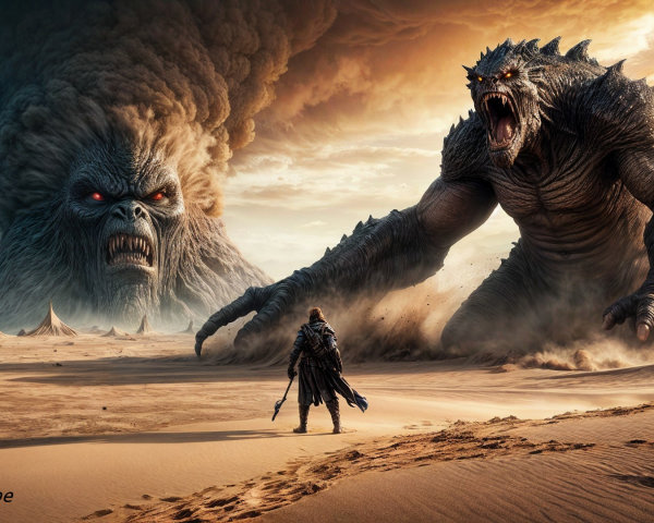Desolate Desert Scene with Monstrous Creatures