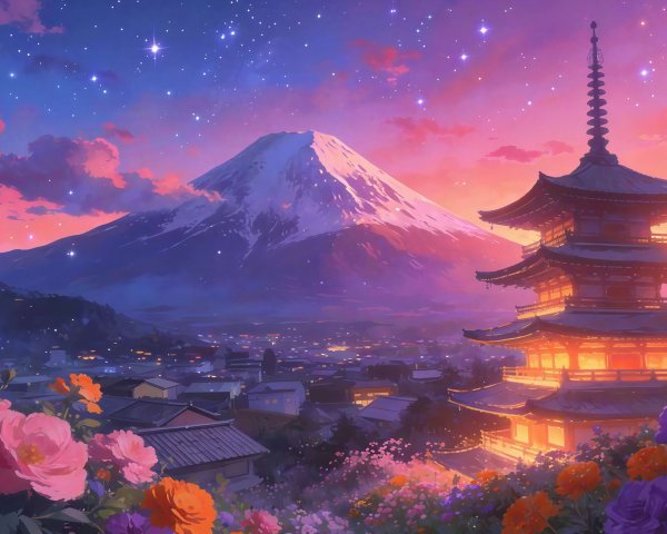 Anime-style floral landscape with Mount Fuji and pagoda
