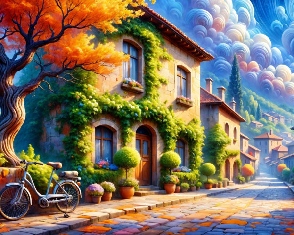 Charming Cobblestone Street with Rustic Houses and Trees