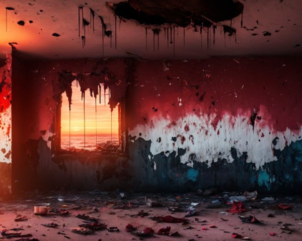 Abandoned Room with Peeling Walls and Beach View