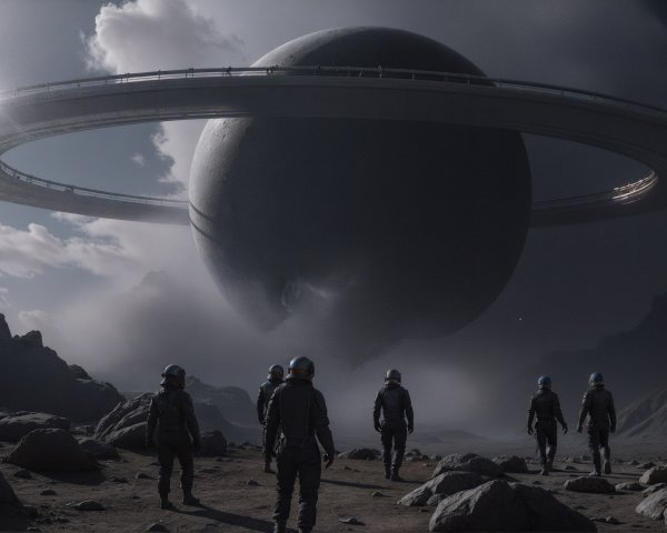 Astronauts on Alien Landscape Under Ringed Planet