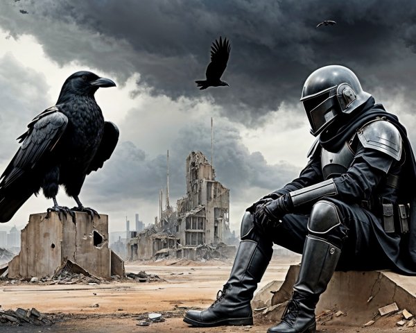 Lone Figure in Cloak Amidst Post-Apocalyptic Ruins