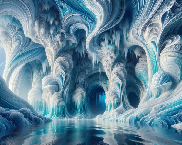 Otherworldly Ice Cave with Reflective Water Pool