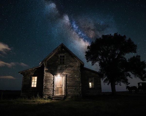 Rustic Wooden House Under Starry Night Sky