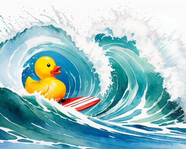Yellow Rubber Duck Surfing on a Striped Surfboard
