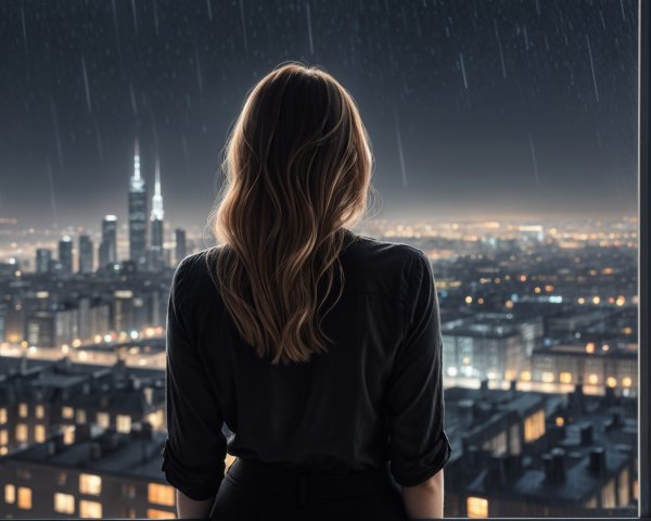 Woman with Wavy Hair Gazing at Rainy Cityscape