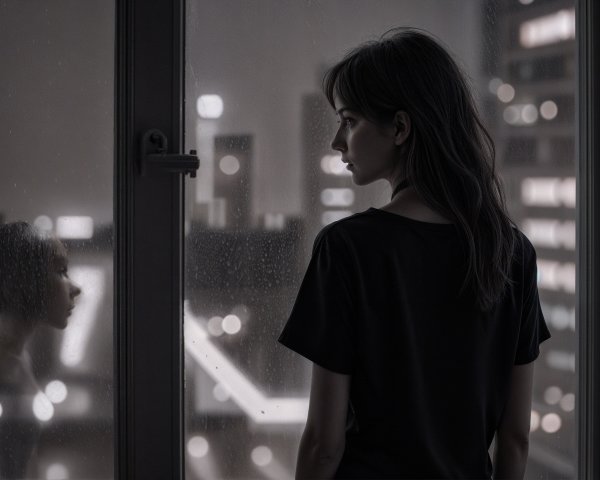 Woman by Rain-Streaked Window in Dim Cityscape
