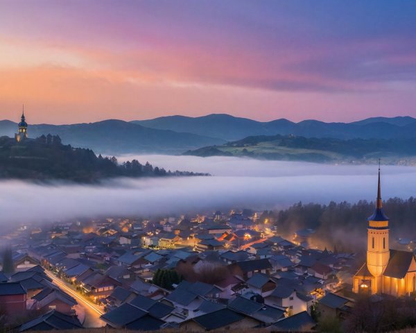 Foggy Small Town at Dawn with Dramatic Sky Colors