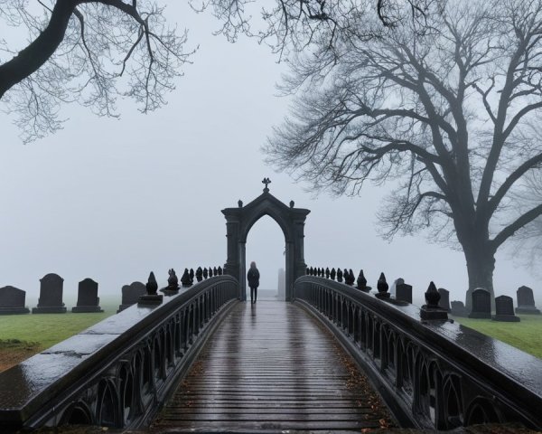 Solitary Figure on Misty Cemetery Bridge Scene