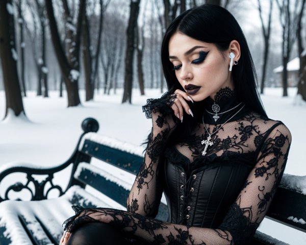 Gothic Woman on Snowy Bench Surrounded by Trees