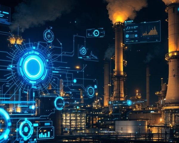 Modern Industrial Landscape with Technology Displays at Night