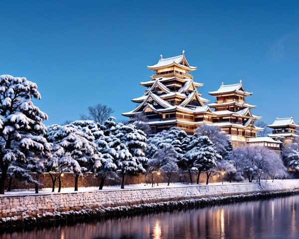Majestic Castle in Winter Landscape with River