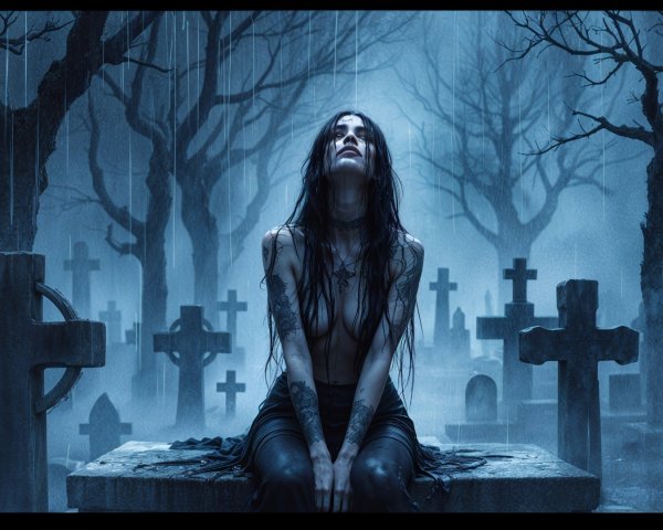 Misty Graveyard Scene with Dark-Haired Figure