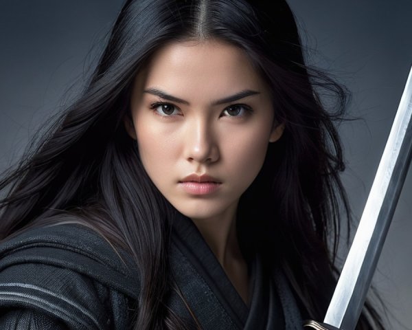 Fierce Warrior in Traditional Black Outfit with Sword