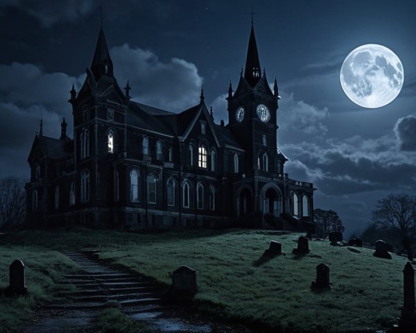 Gothic Mansion with Graveyard Under Full Moon