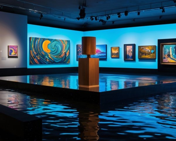 Modern Art Gallery Featuring Vibrant Paintings and Sculpture