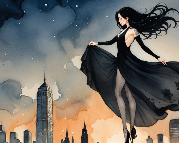 Elegant Woman in Black Dress Against City Skyline