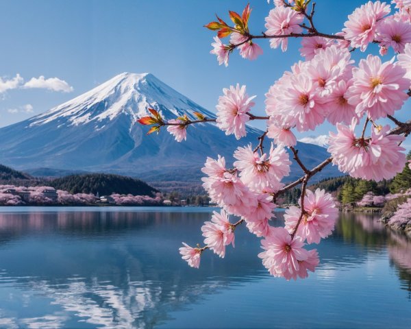 Mount Fuji Reflected in Lake with Cherry Blossoms