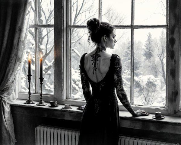 Woman with Tattoos in Elegant Dress by Window
