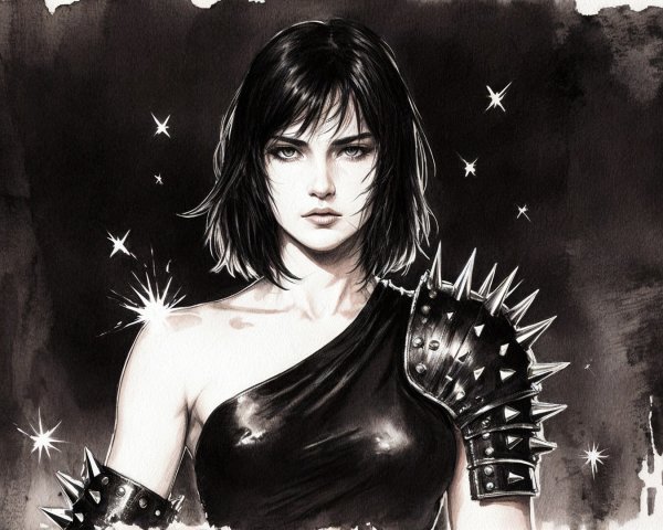 Fierce Woman in Spiked Outfit Against Dark Background