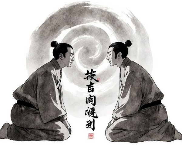 Ink Wash Illustrations of Bowing Samurai with Calligraphy