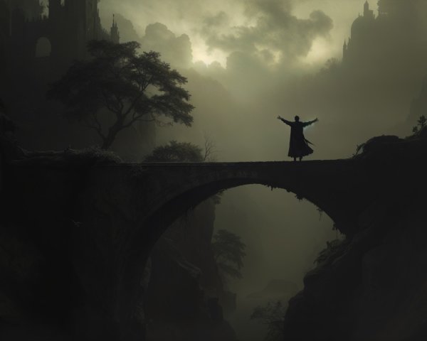 Silhouetted Figure on Ancient Bridge in Misty Landscape