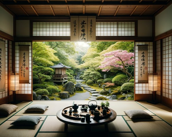 Traditional Japanese Tea Room with Garden View