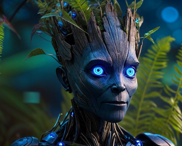 Futuristic humanoid robot with wooden skin and greenery