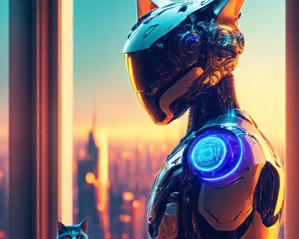 Futuristic Cat-like Robot Overlooking City at Sunset