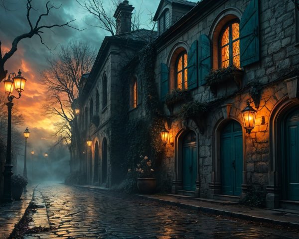 Misty Street with Warm Lamplight and Historic Buildings