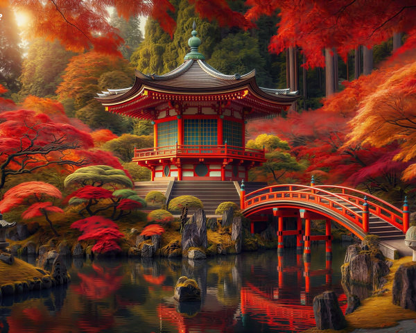 Vibrant Japanese Garden and Pond in Autumn Serenity