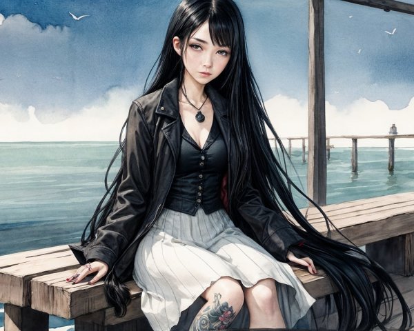 Young woman on pier with ocean backdrop and seagulls