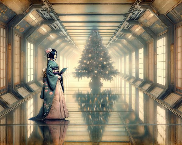 Japanese Geisha in Kimono in Retro-Futuristic Hallway