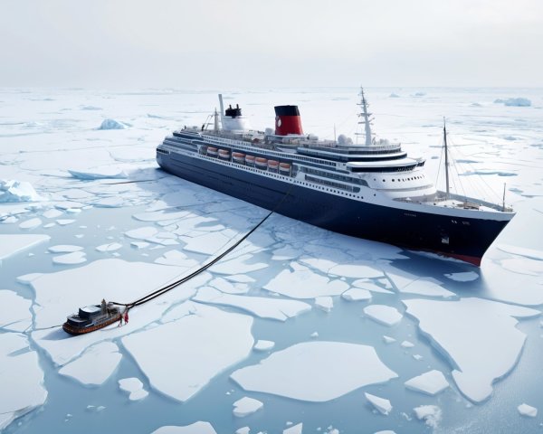 Majestic Ocean Liner in Icy Waters with Icebergs