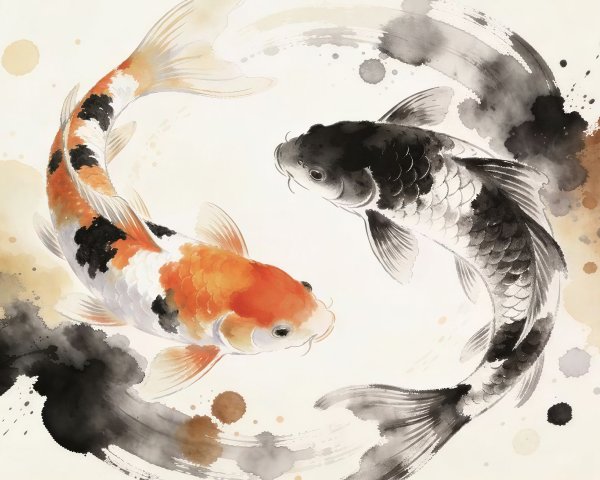 Koi Fish in Yin Yang Pattern with Watercolor Background