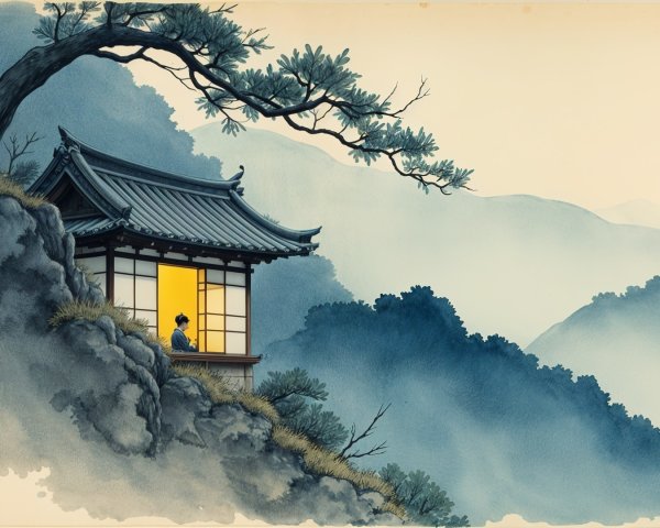Serene Asian Landscape with Traditional Building and Figure